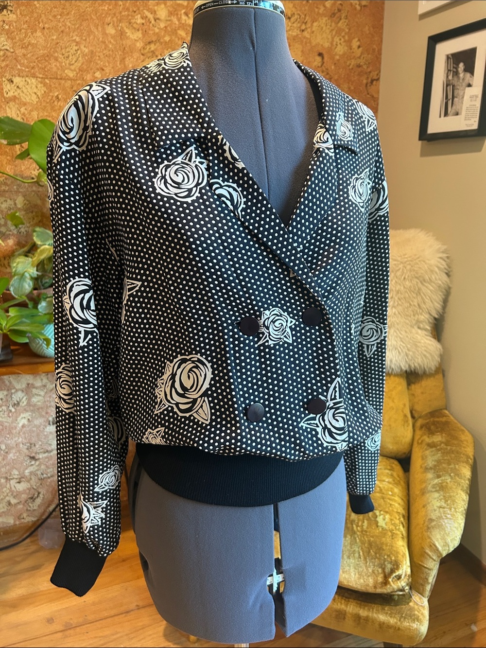 Black & White Floral Polka Dot Double-Breasted Blazer Shirt ✨Silk✨ So Cute!✨